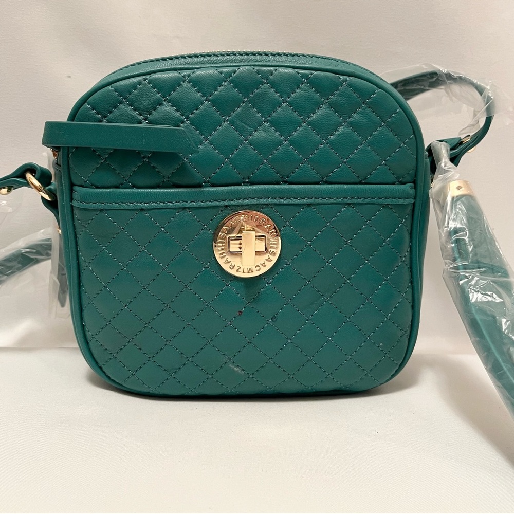 Purse, handbag, teal, quilted, double zippered sections, Isaac M…